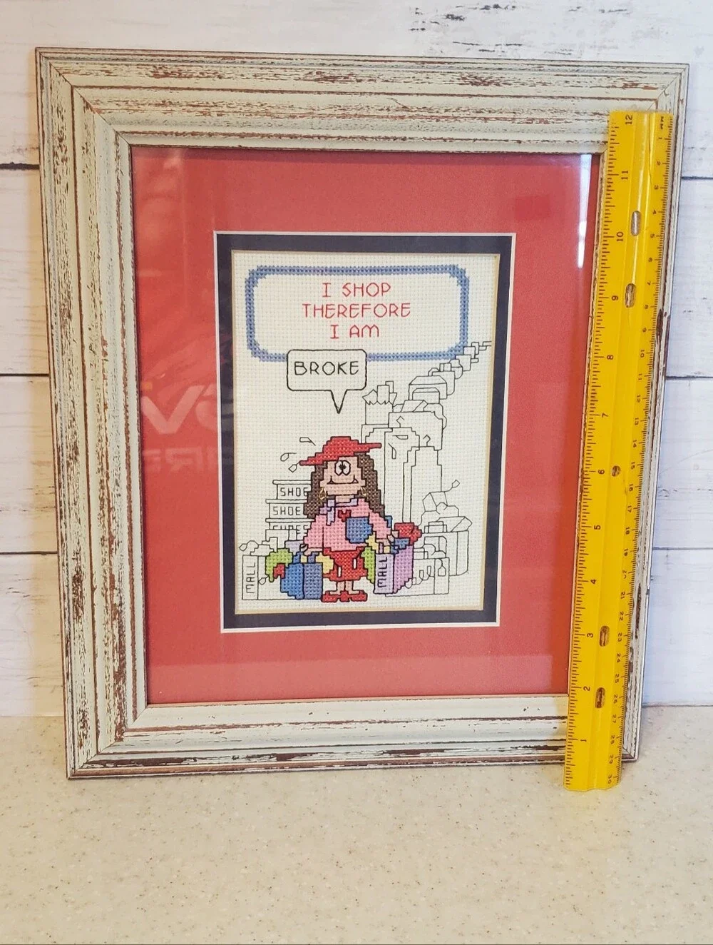 Vintage Cathy Cross Stitch Needlepoint Framed Humor Art Cottagecore Grandmacore